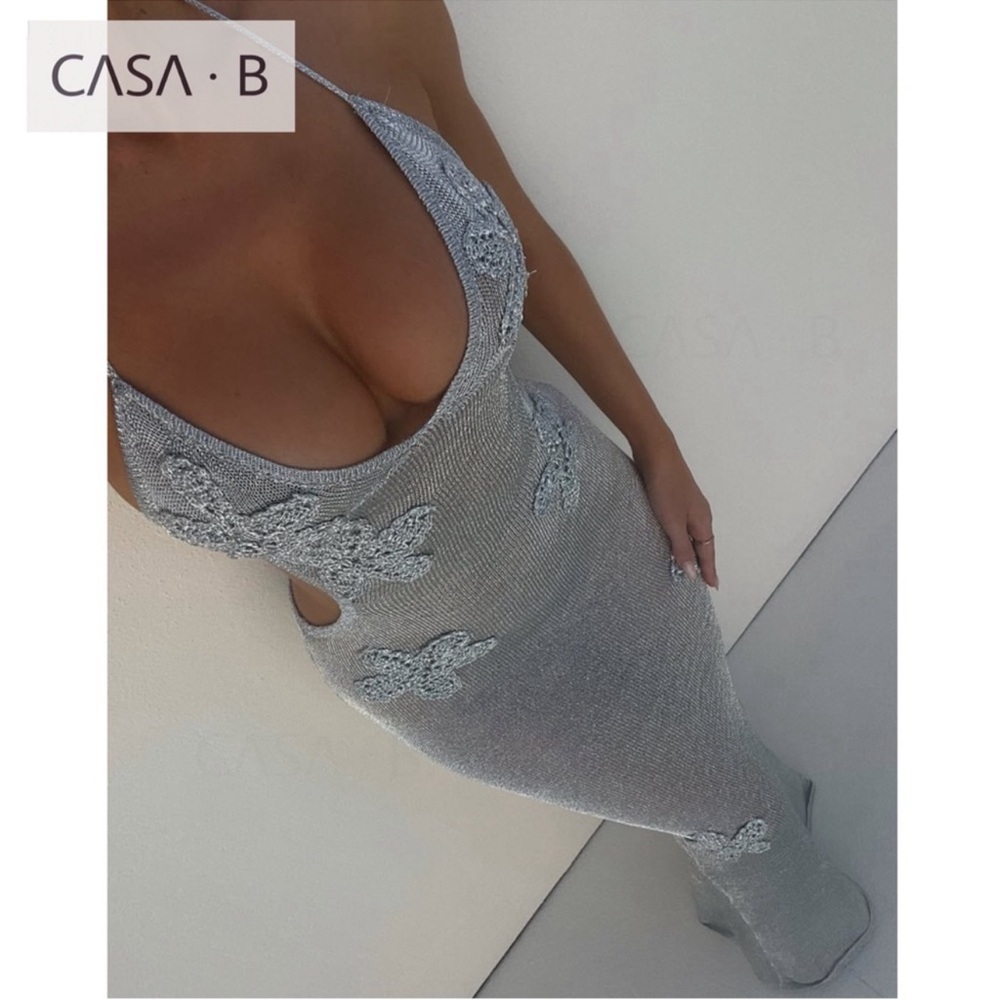 NEW💫 CASA B| The Celestine Crystal Mesh Silver Halter Flower appliqué Maxi Dress - Picture 5 of 7